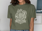 Olive green t-shirt with a white "Maine Coon Club" graphic of a cat wearing a crown.