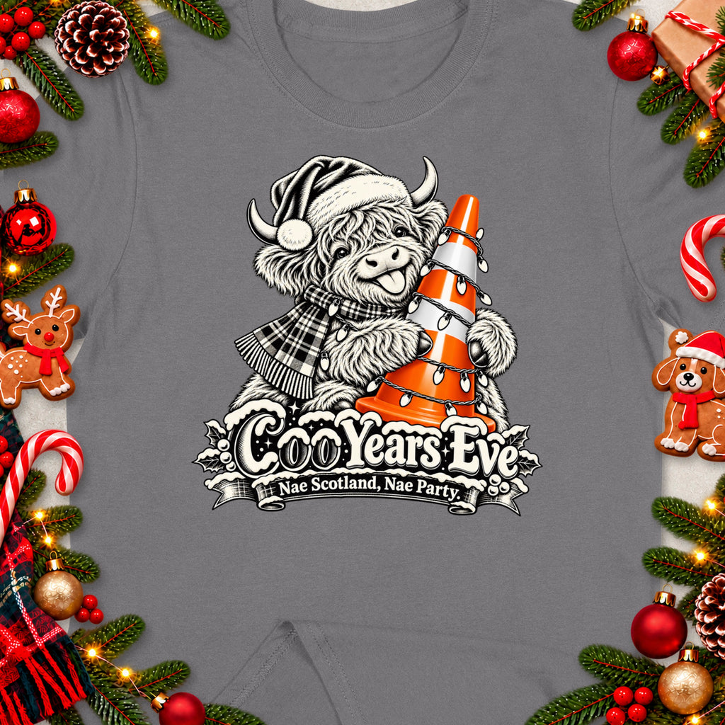Highland cow with Santa hat and Christmas lights on traffic cone, "CooYears Eve".