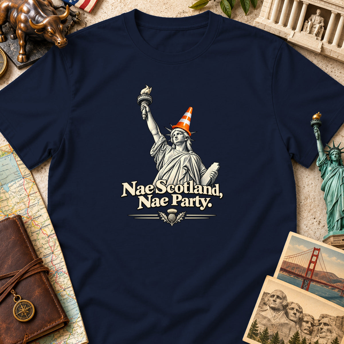 Statue of Liberty wearing an orange traffic cone with text "Nae Scotland, Nae Party."