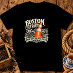 Black t-shirt featuring a graphic with a traffic cone, Scottish flag, and Boston Tea Party text.