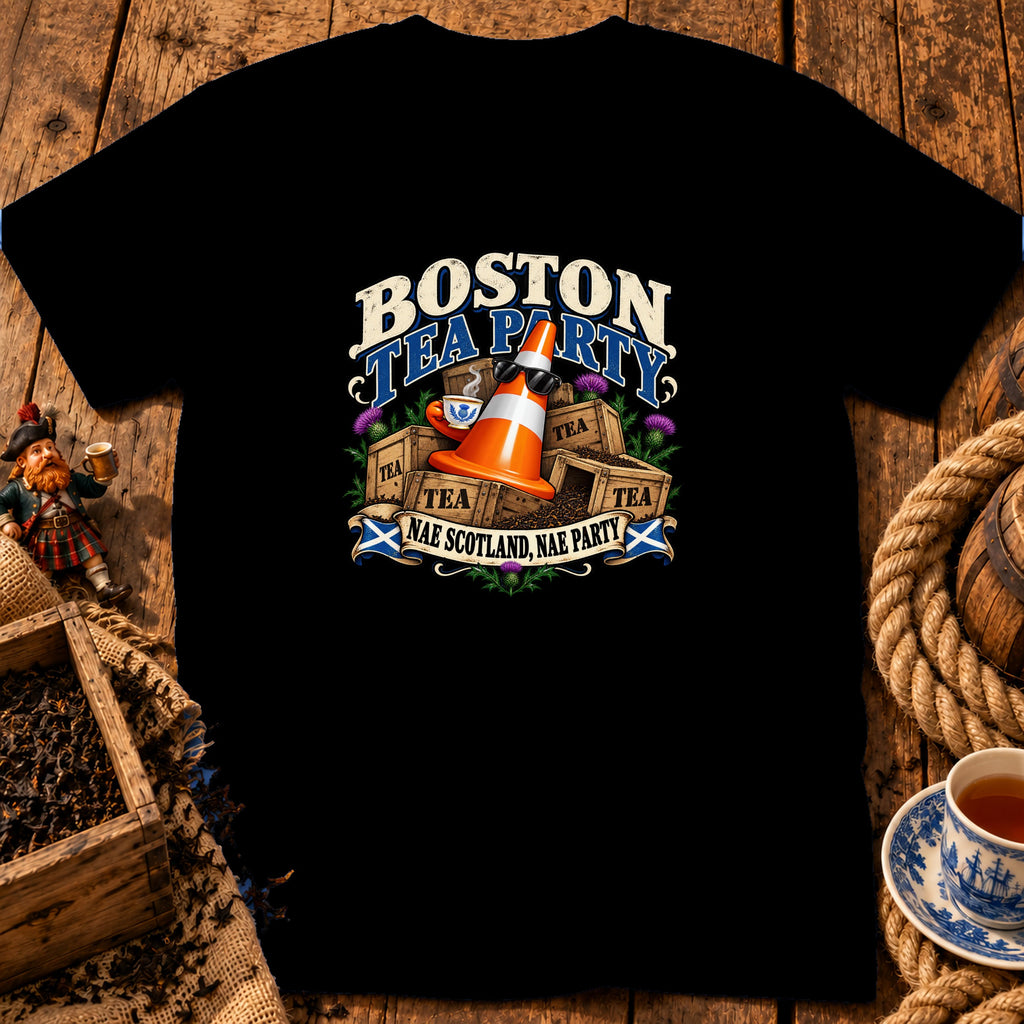 Black t-shirt featuring a Boston Tea Party graphic with a traffic cone holding a teacup.