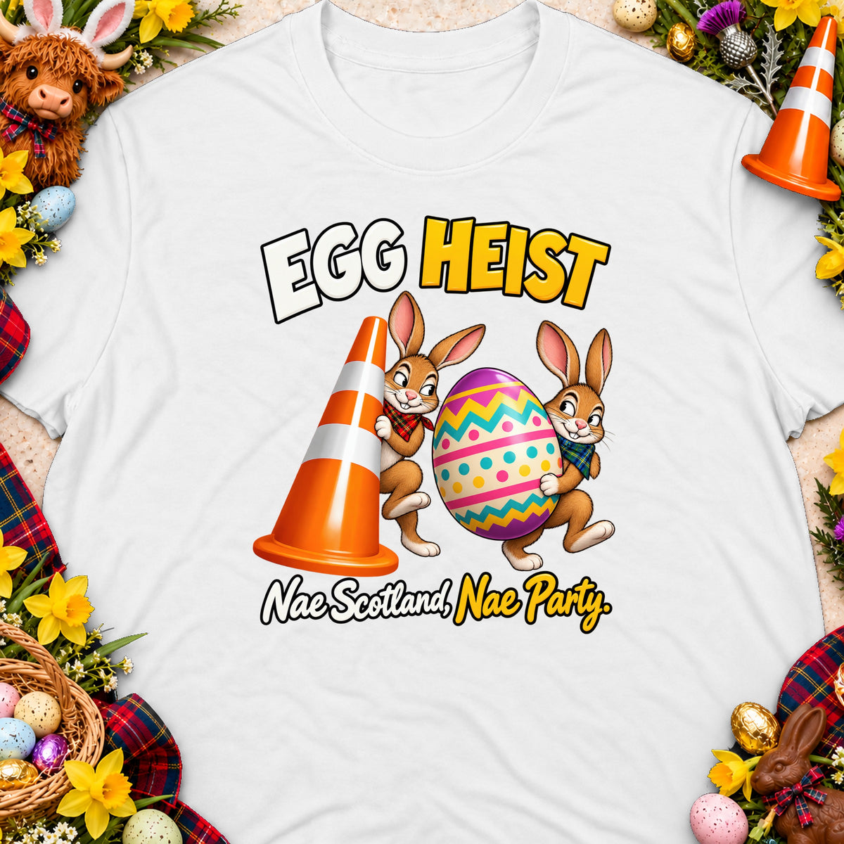 Two cartoon bunnies carry a colorful egg, with "Egg Heist" and "Nae Scotland, Nae Party" text.
