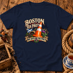 Navy blue t-shirt featuring a graphic with a traffic cone, Scottish flag, and text reading Boston Tea Party Nae Scotland, Nae Party.