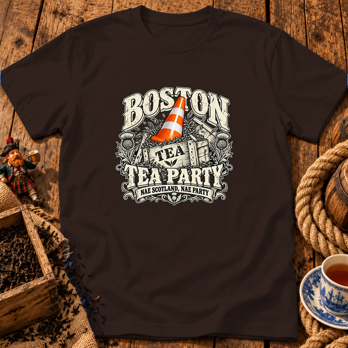 Brown crewneck t-shirt featuring a Boston Tea Party graphic with a traffic cone in a crate.