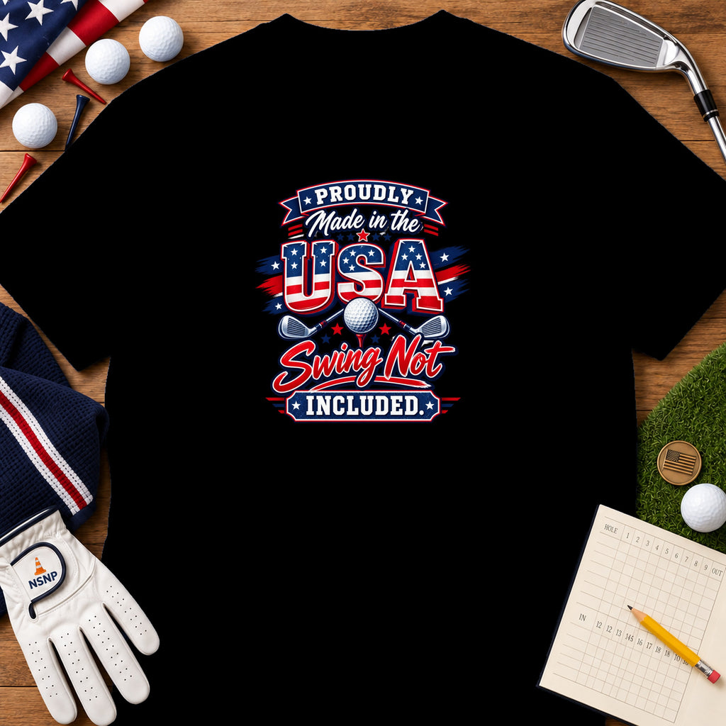 Black t-shirt featuring a red, white, and blue USA golf graphic surrounded by golf equipment on wood.