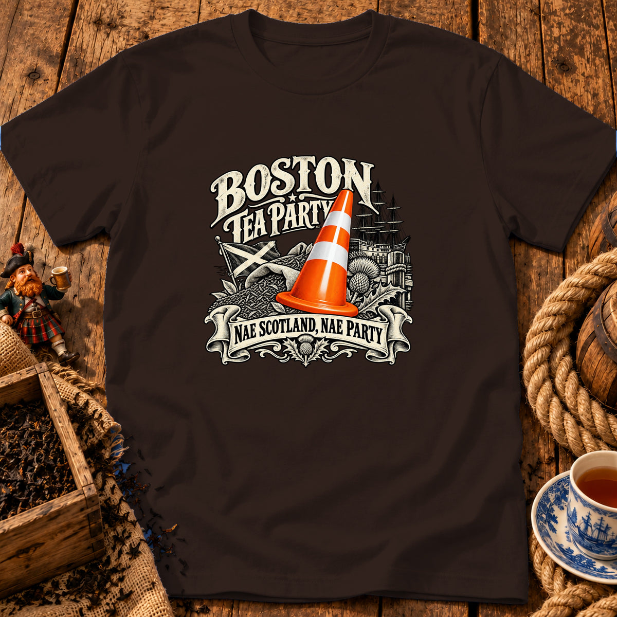 A dark brown short-sleeved t-shirt features a graphic with a traffic cone and text reading Boston Tea Party and Nae Scotland, Nae Party.