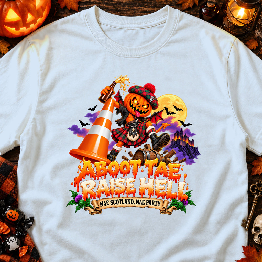 Halloween pumpkin character in kilt, holding a beer, with text "Aboot Tae Raise Hell".