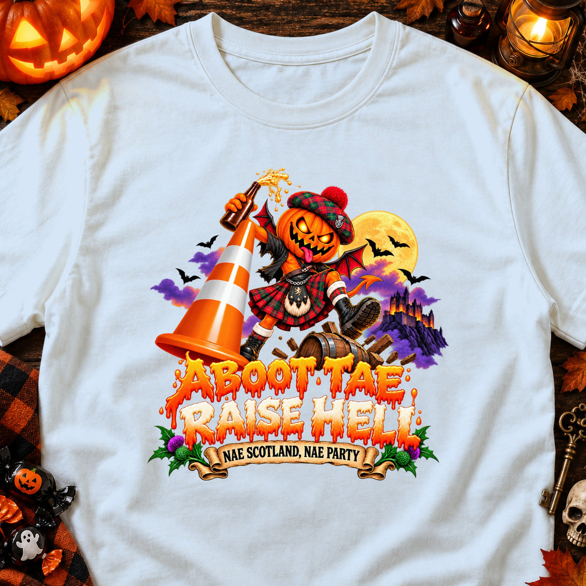 Halloween pumpkin character in kilt, holding a beer, with text "Aboot Tae Raise Hell".