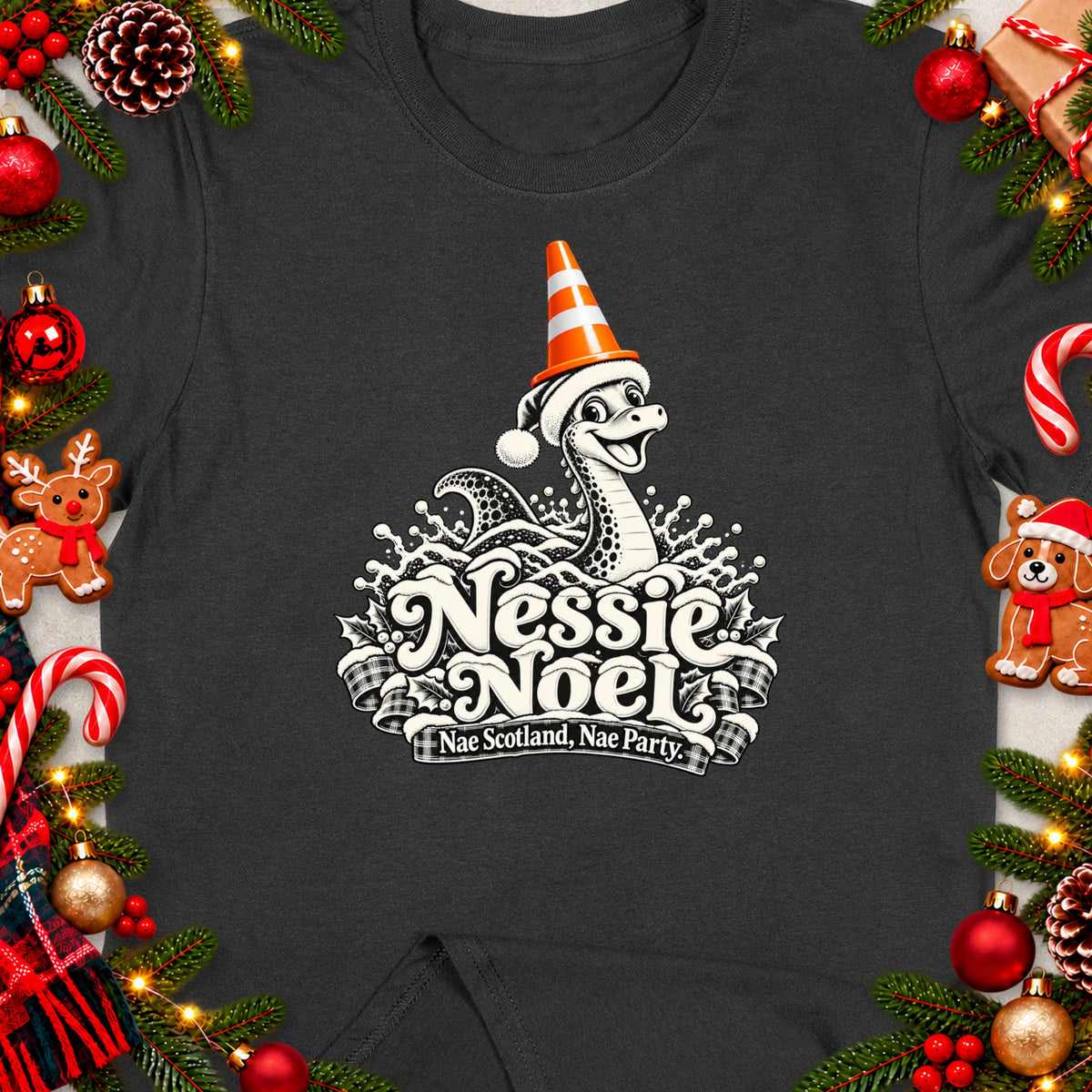 Dark t-shirt with Nessie wearing a Santa hat and traffic cone, "Nessie Noel" text.