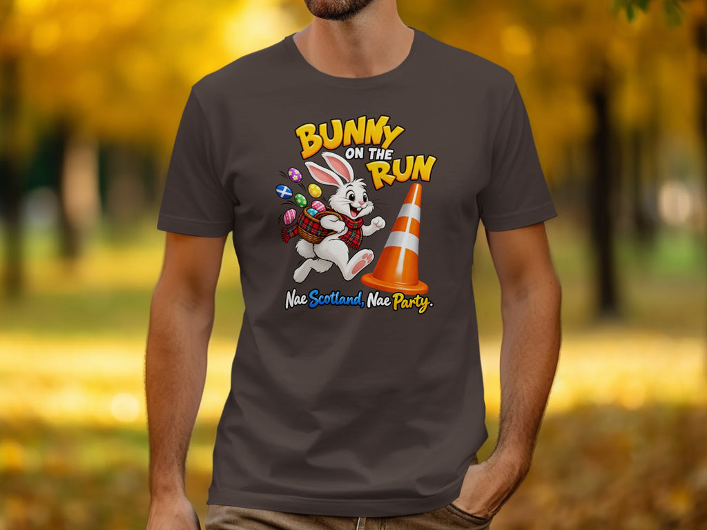 Cartoon bunny with Easter eggs running past a traffic cone, text reads "Bunny on the Run".