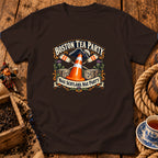 Brown t-shirt featuring a graphic with a traffic cone, oars, and the text Boston Tea Party Nae Scotland Nae Party.