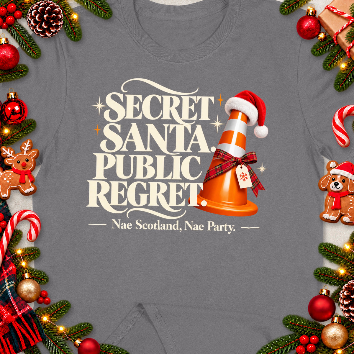 Shirt with "Secret Santa Public Regret" and a traffic cone wearing a Santa hat.