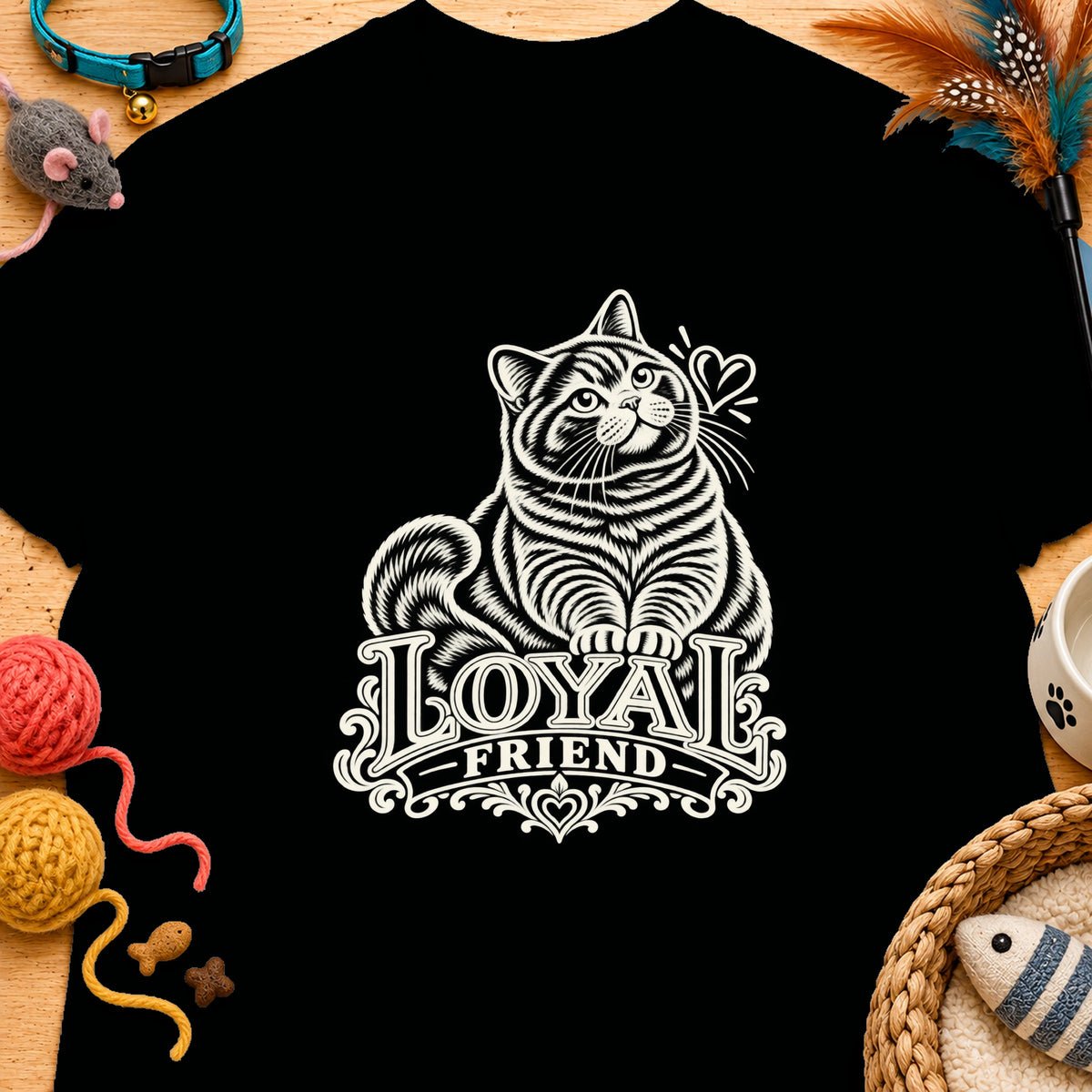 Black t-shirt with a stylized white cat and the words "LOYAL FRIEND".