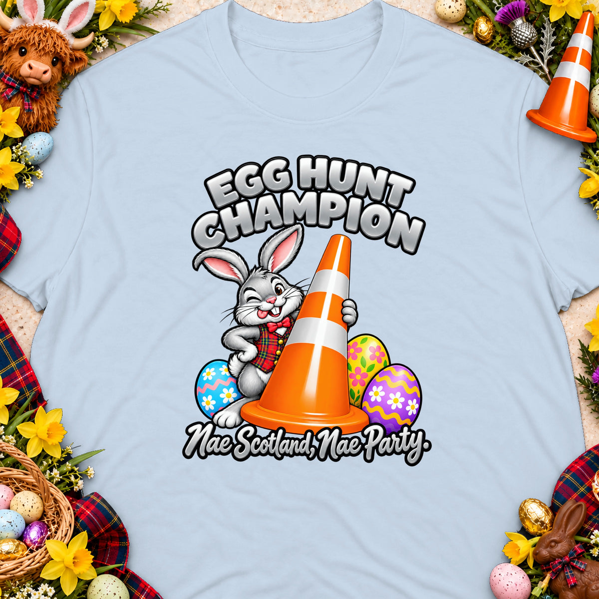 Cartoon bunny holding an orange traffic cone with text "Egg Hunt Champion".