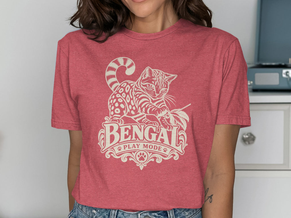 Red t-shirt with a Bengal cat illustration and text "Bengal Play Mode."