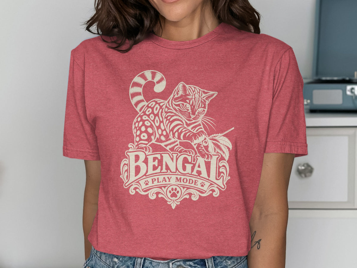 Red t-shirt with a Bengal cat illustration and text "Bengal Play Mode."