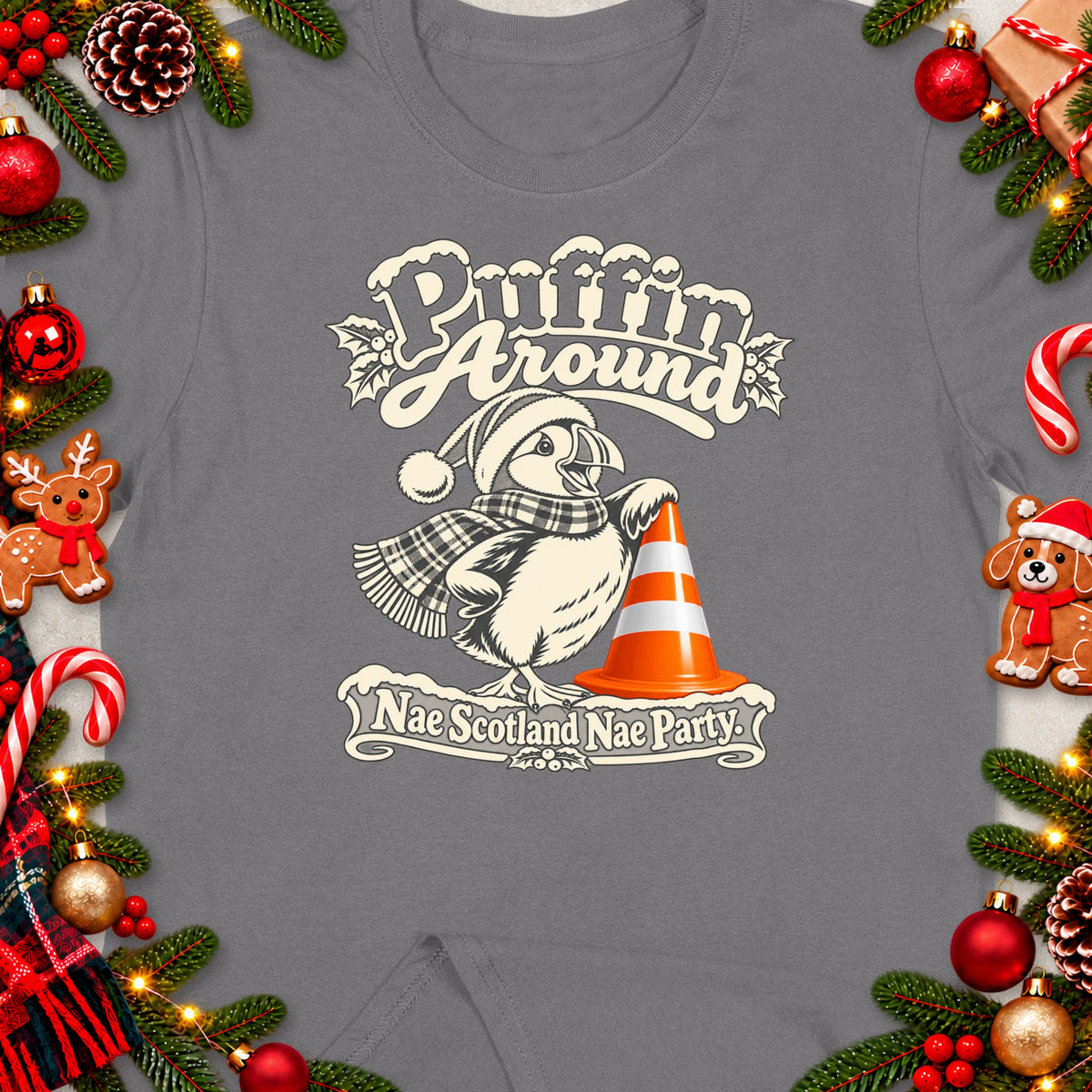 Puffin wearing Santa hat and scarf with "Puffin Around Nae Scotland Nae Party" text.