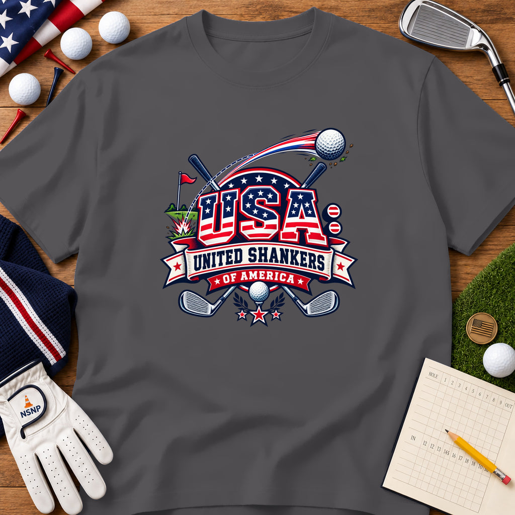 A dark gray t-shirt featuring a golf-themed USA graphic surrounded by golf balls, tees, a glove, and a scorecard.