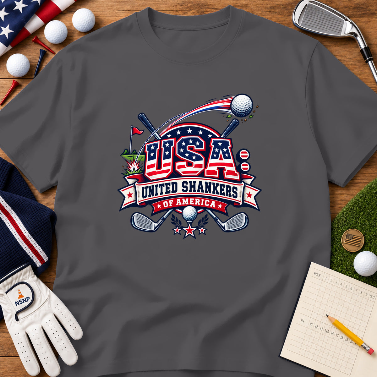 A dark gray t-shirt featuring a golf-themed USA graphic surrounded by golf balls, tees, a glove, and a scorecard.