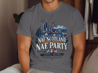 T-shirt graphic with Seattle skyline, mountains, and text "Nae Scotland Nae Party".