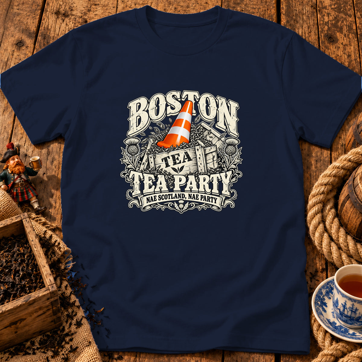 Navy blue t-shirt featuring a graphic with a traffic cone in a crate and text reading Boston Tea Party.