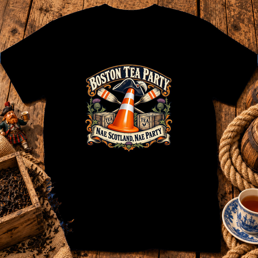A black t-shirt features a graphic with a traffic cone, tea crates, oars, and text reading Boston Tea Party and Nae Scotland, Nae Party.