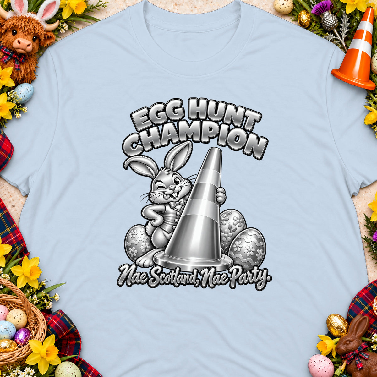 Egg Hunt Champion shirt with a cartoon bunny holding a traffic cone and festive Easter decorations.