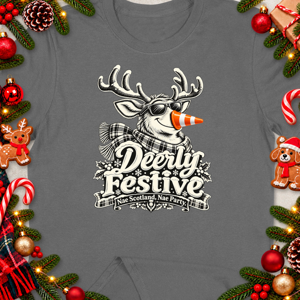T-shirt with a graphic of a cool reindeer wearing sunglasses and a traffic cone nose.