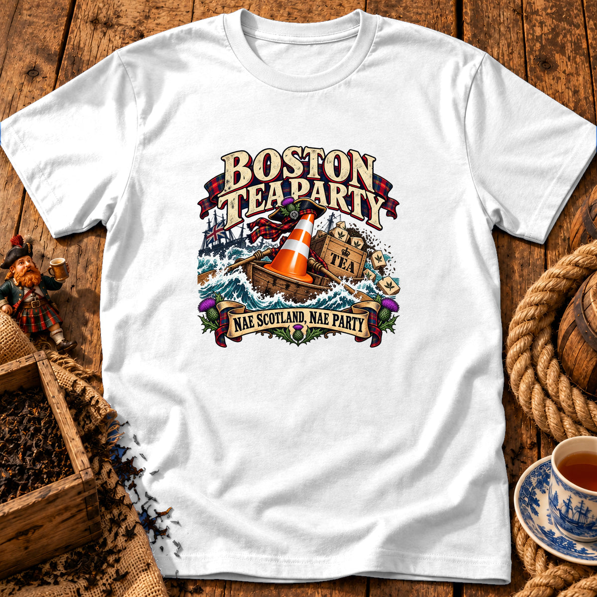 A white t-shirt featuring a graphic with a traffic cone in a rowboat, reading Boston Tea Party and Nae Scotland, Nae Party.