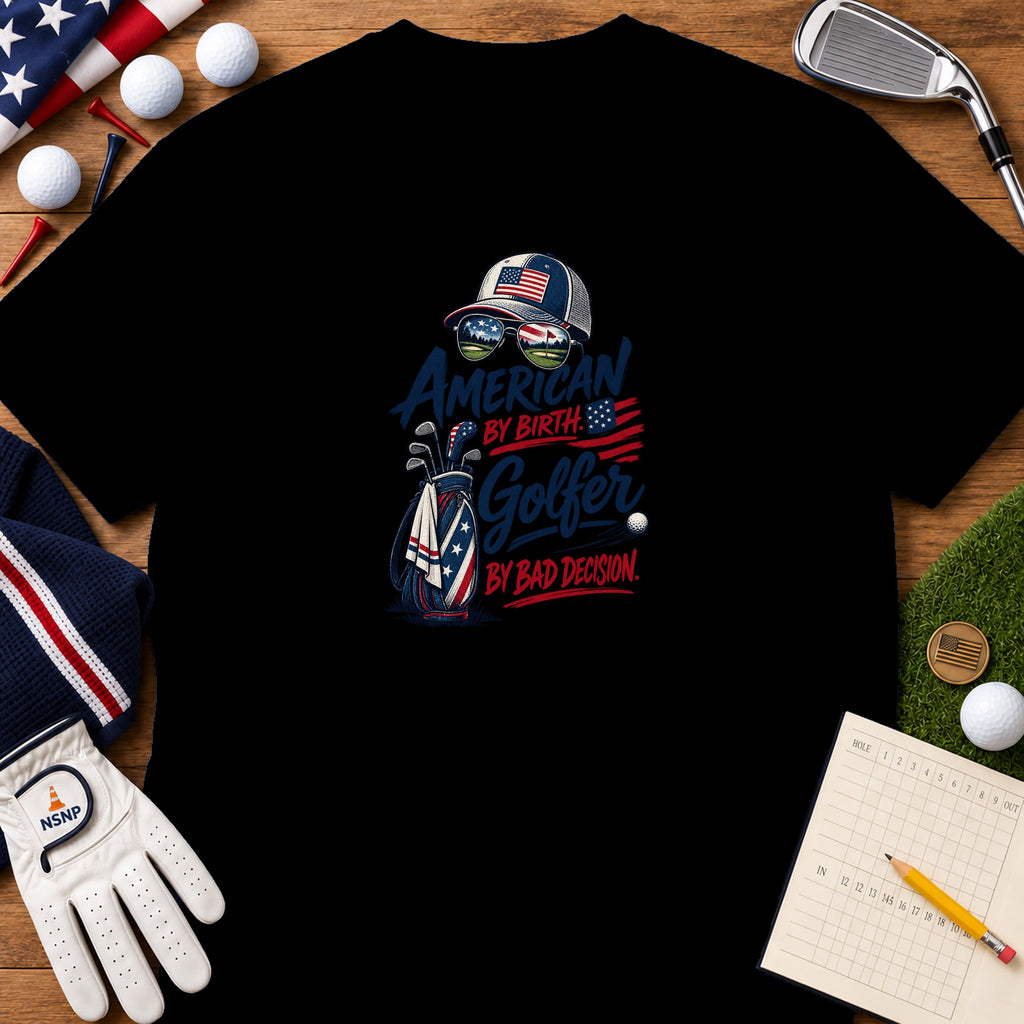 A black t-shirt features a graphic with a golf bag, American flag theme, and humorous text.