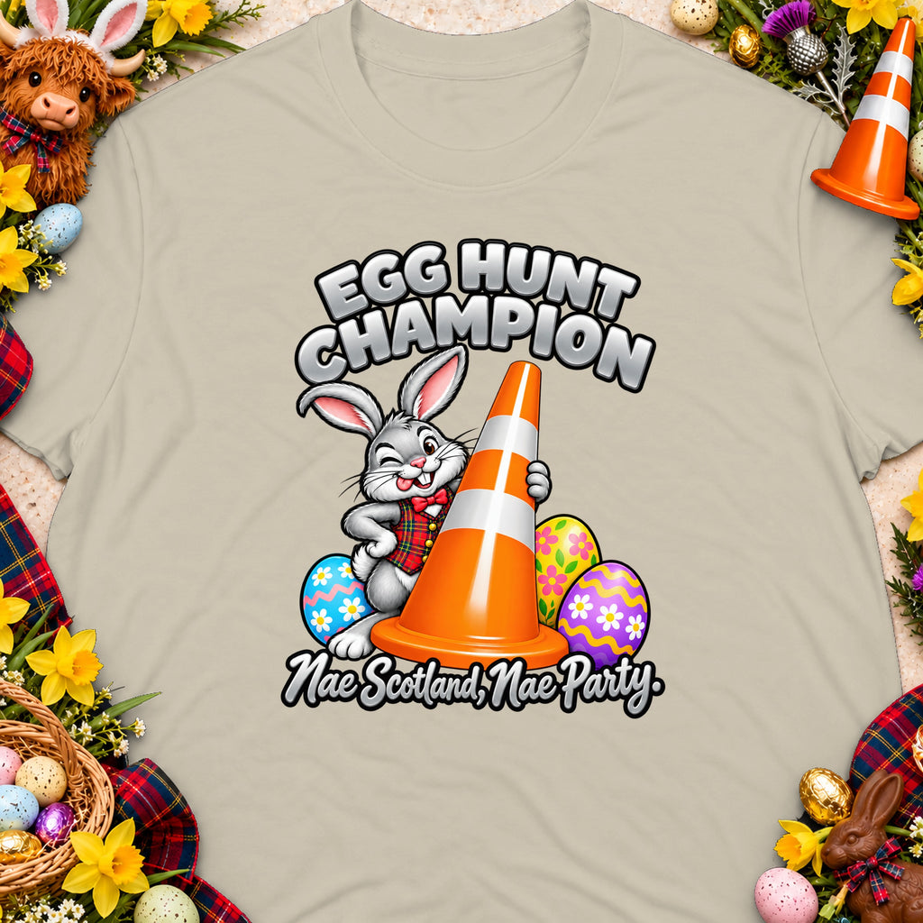 Cartoon bunny with traffic cone and Easter eggs, "Egg Hunt Champion" text.