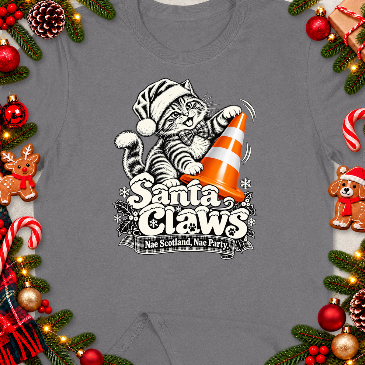 Christmas t-shirt graphic with Santa cat and "Santa Claws" text.