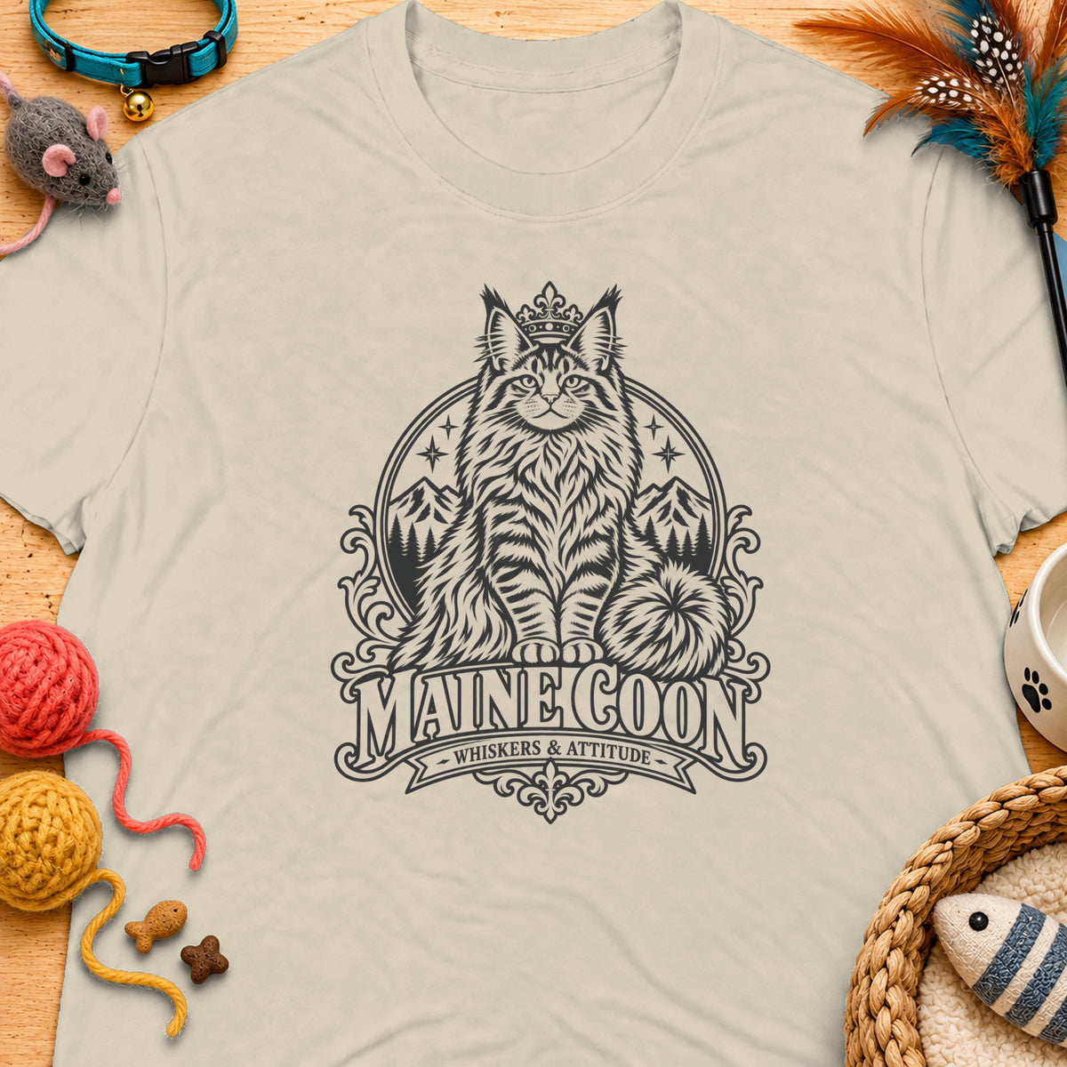 T-shirt with a regal Maine Coon cat graphic and text "MAINE COON WHISKERS & ATTITUDE".