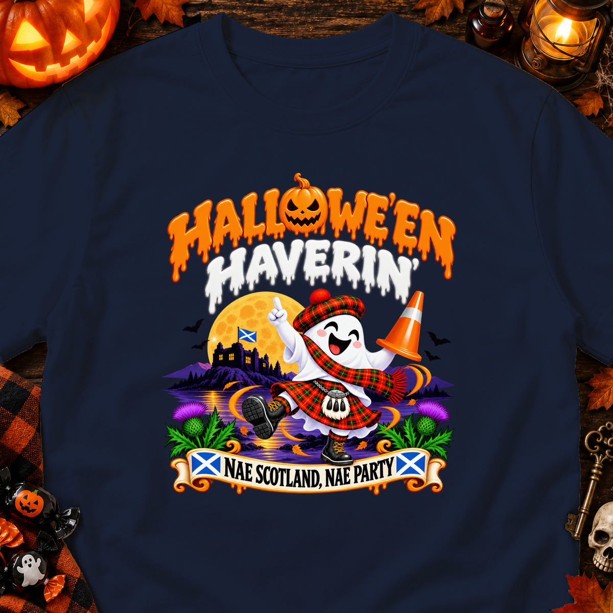 Halloween Havering ghost in kilt and scarf with "Nae Scotland, Nae Party" text.
