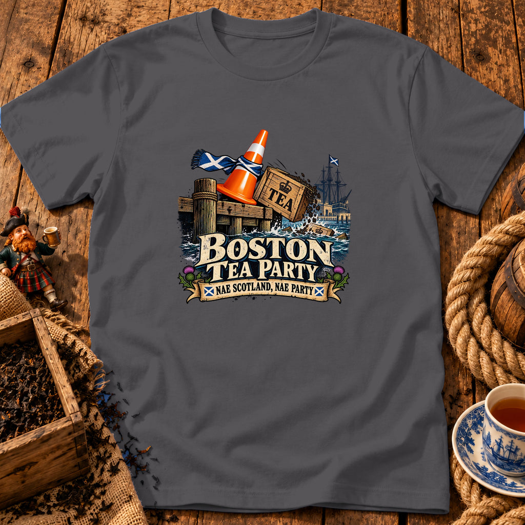 A dark gray t-shirt featuring a Boston Tea Party graphic with a Scottish theme.