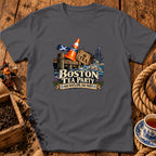 A dark gray t-shirt featuring a Boston Tea Party graphic with a Scottish theme.