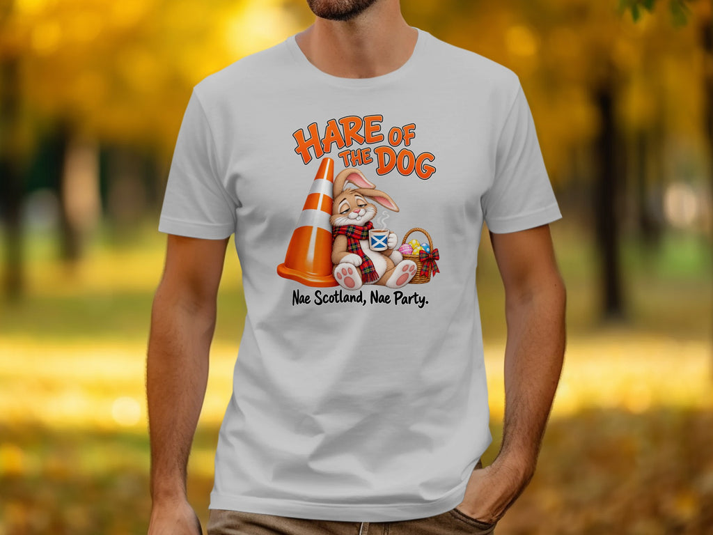 T-shirt graphic with rabbit, cone, and text "Hare of the Dog Nae Scotland, Nae Party."