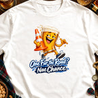 T-shirt graphic of a cartoon beer glass holding a traffic cone with text "One Fur the Road? Nae Chance."