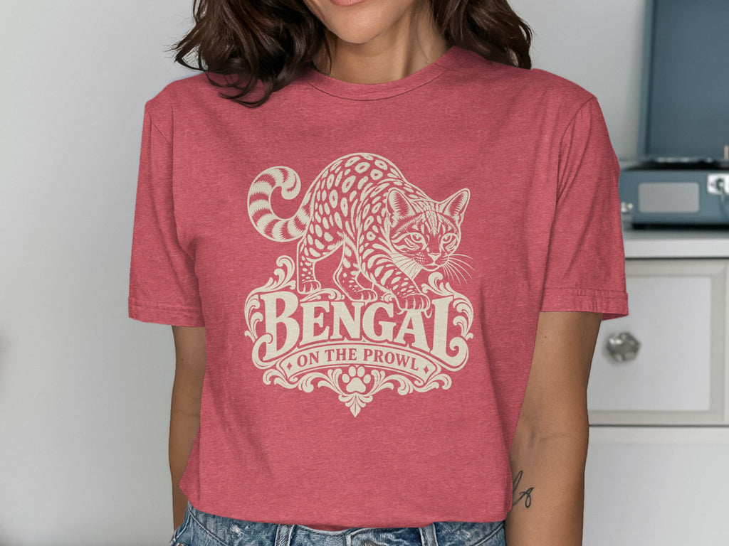 T-shirt with Bengal cat graphic and text "Bengal on the prowl".