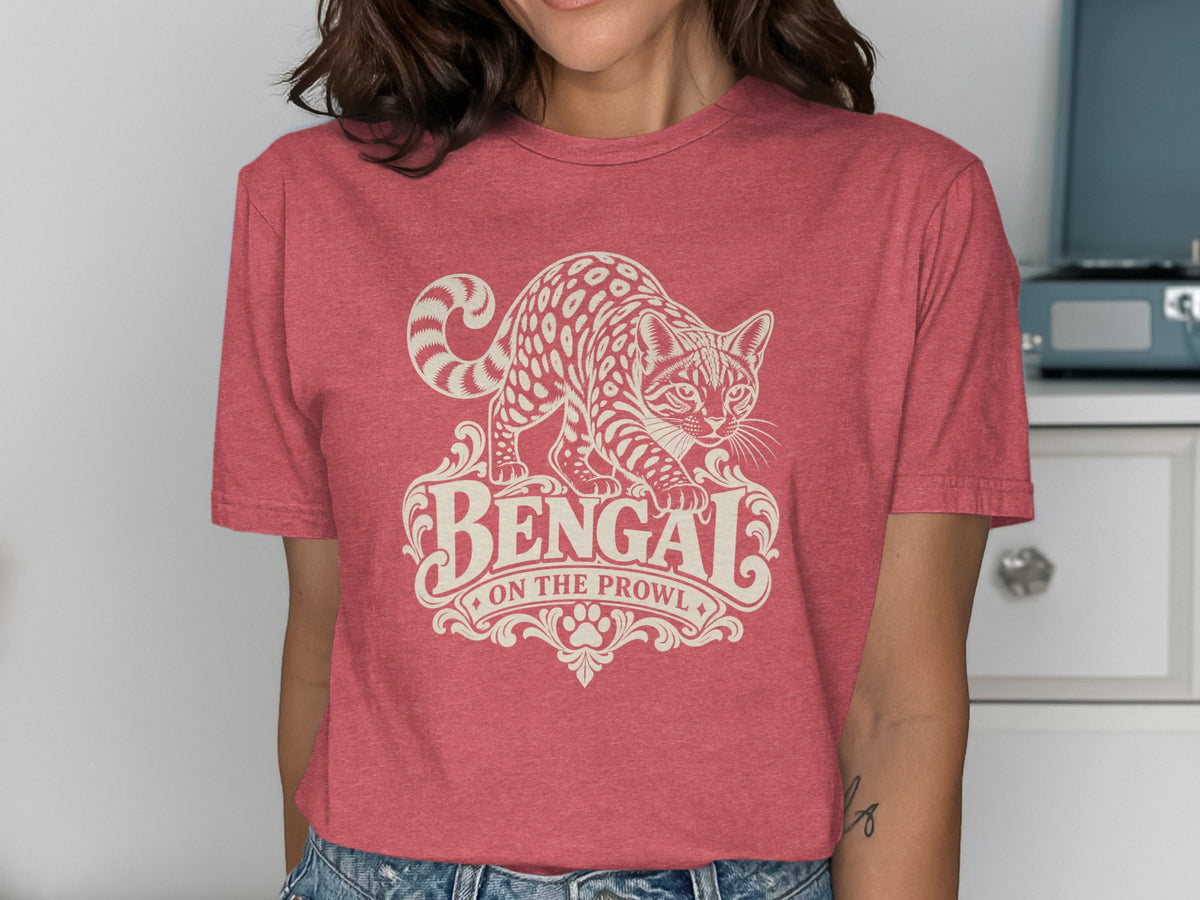T-shirt with Bengal cat graphic and text "Bengal on the prowl".