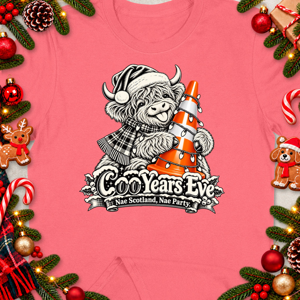Scottish Highland cow in Santa hat holding a traffic cone with lights. "Coo Years Eve" text.