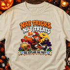 Cartoon witch on broomstick with text "Nae Tricks Nae Treats" and "Nae Scotland Nae Party."