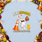 White bunny and chick on a blue shirt with "Pure Egg-stra Nae Scotland, Nae Party."
