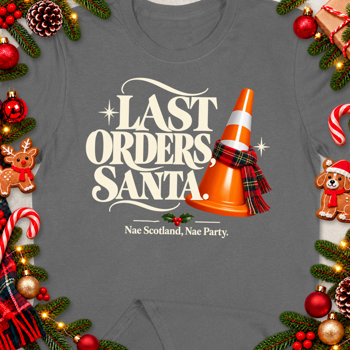 T-shirt with "Last Orders Santa" text, a traffic cone, and festive decorations.