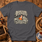 Charcoal t-shirt featuring a humorous graphic with a traffic cone on a boat and text reading BOSTON TEA PARTY.