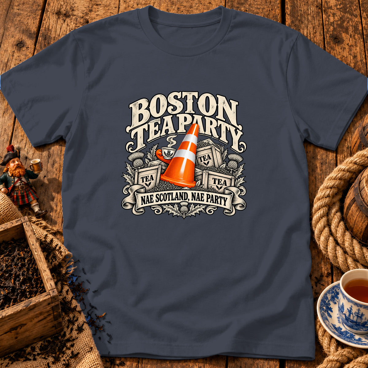 A dark gray t-shirt featuring a vintage-style graphic with a traffic cone and text reading Boston Tea Party Nae Scotland, Nae Party.