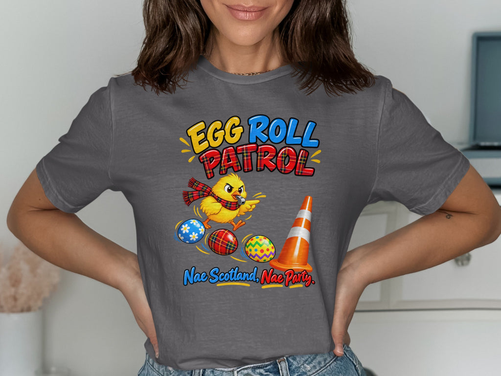 Chick with Easter eggs and traffic cone, "Egg Roll Patrol" text.