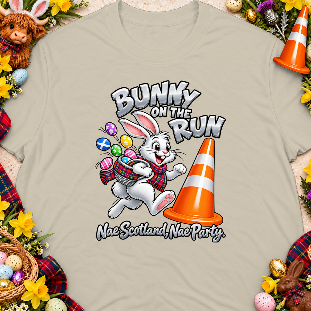 Cartoon bunny with basket of Easter eggs runs past orange traffic cone, text reads "Bunny On The Run".
