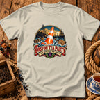 Light-colored t-shirt featuring a Boston Tea Party graphic with a traffic cone floating among crates in the sea.