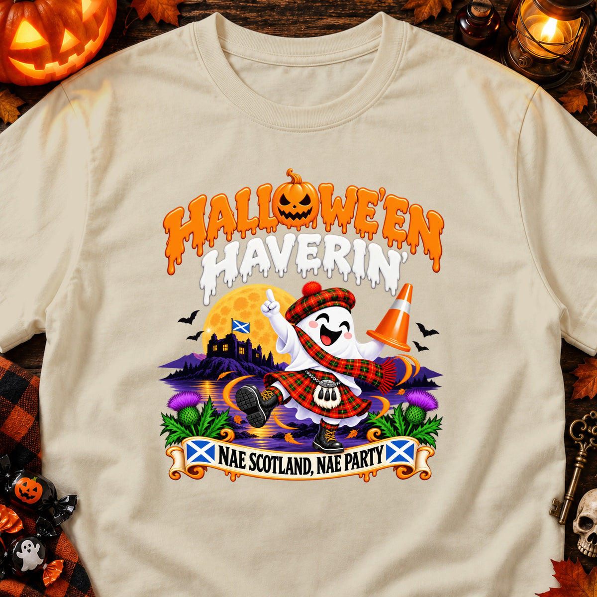 Ghost in Scottish kilt and tartan hat with "Halloween Haverin" and "Nae Scotland, Nae Party" text.